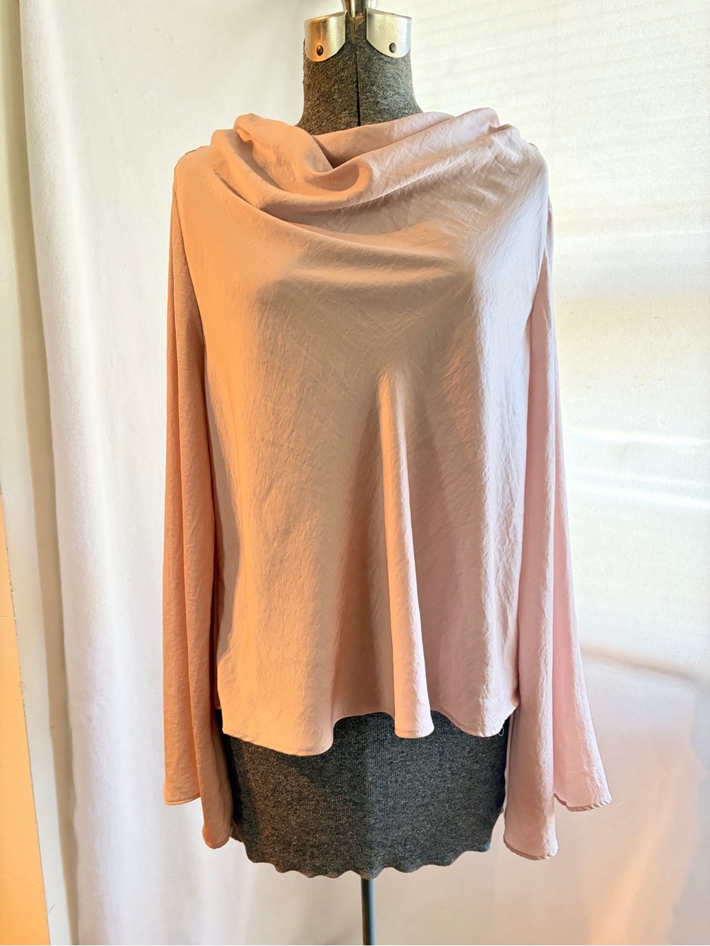ASOS Design silky pink cowl back blouse with bell sleeves